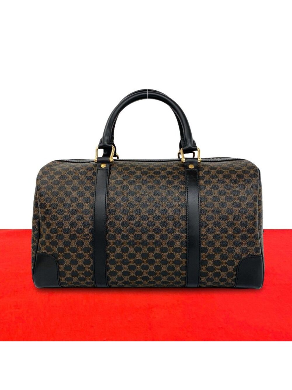 Celine Vintage Macadam Blason Pattern Leather Mini Boston Bag Black Brown